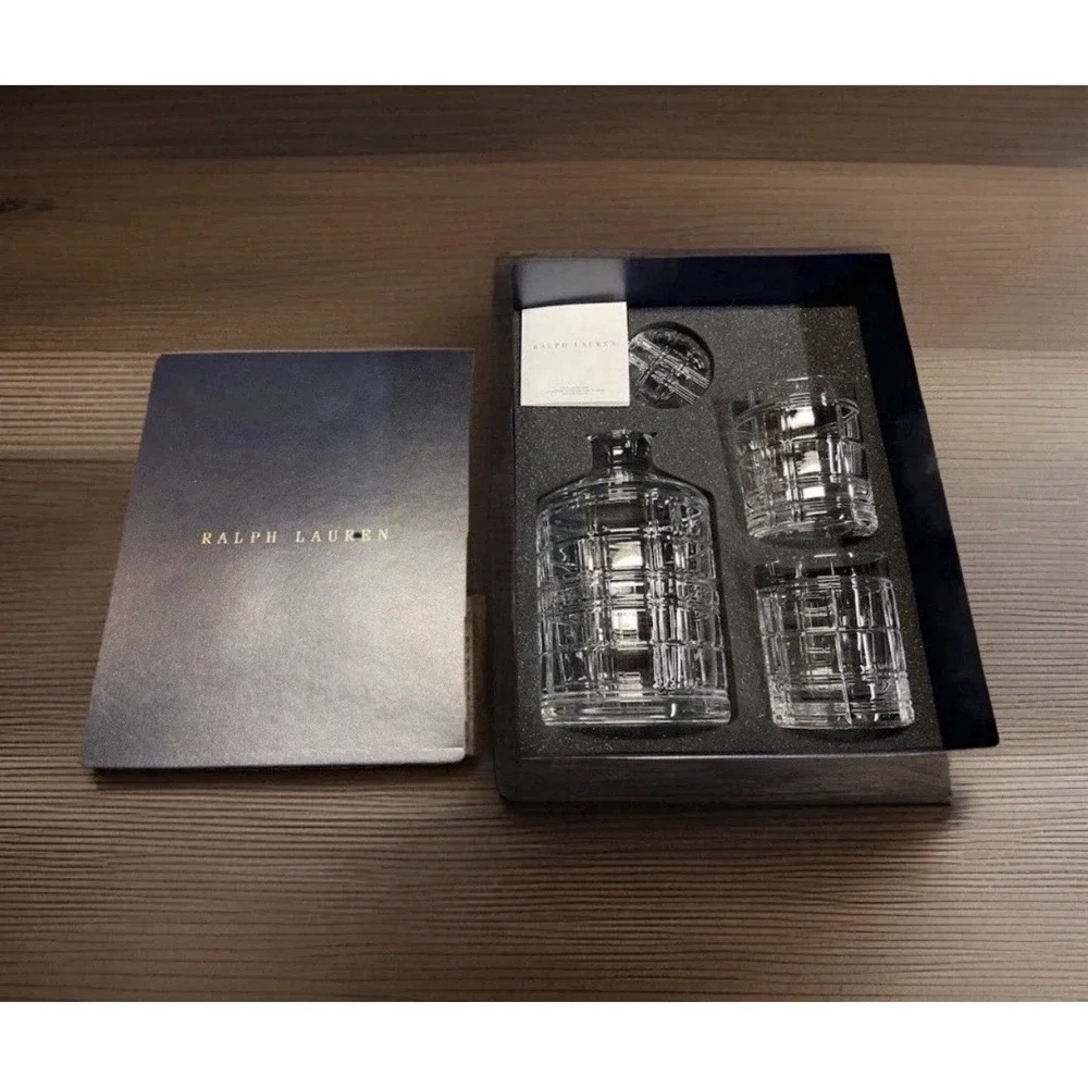 Ralph Lauren Hudson Plaid Crystal Decanter and 2 Glass Gift Set 680842802004